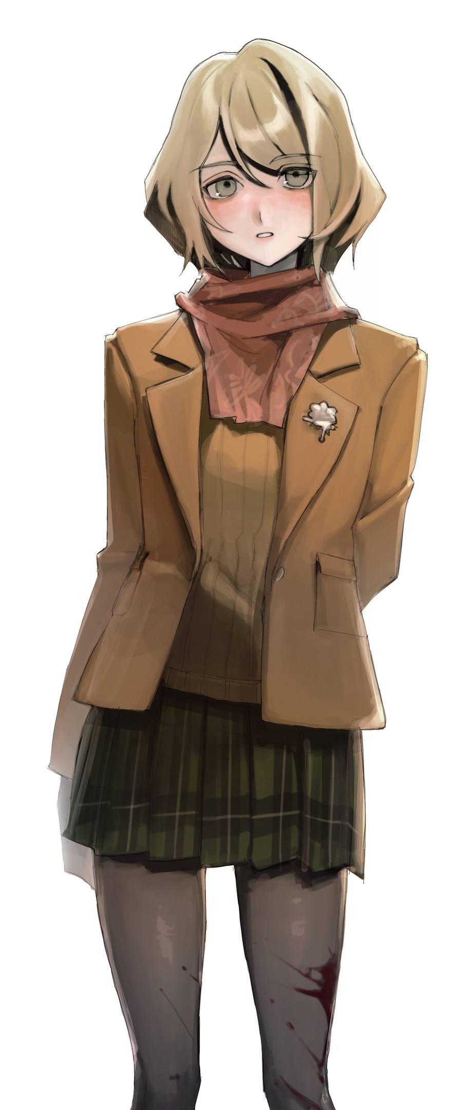 1girl arms_behind_back ashley_graham black_pantyhose blonde_hair blood blood_on_clothes blood_splatter blush bob_cut breasts brooch brown_eyes green_skirt highres jacket jewelry kyandii looking_at_viewer open_clothes open_jacket orange_shirt orange_sweater pantyhose parted_lips plaid_clothes plaid_skirt red_scarf resident_evil resident_evil_4 resident_evil_4_(remake) scarf shirt short_hair skirt solo standing sweater turtleneck white_background