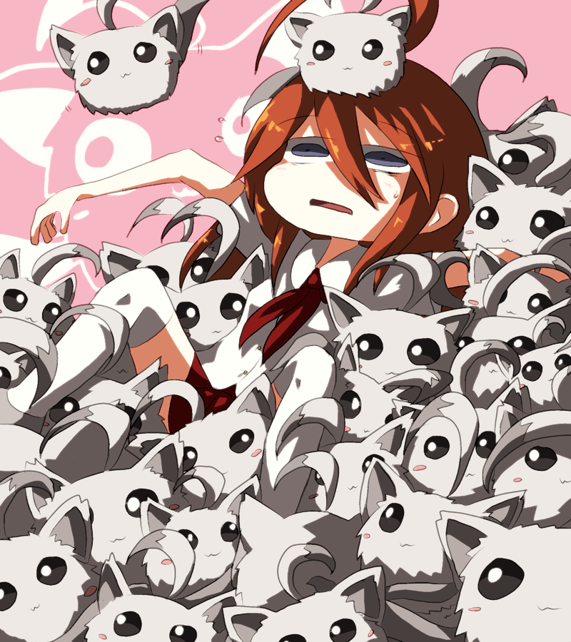 1girl ahoge brown_hair creature female_focus harinezumi_(pixiv) long_hair lost_game sakura_(lost_game) school_uniform skirt solo thighhighs too_many zettai_ryouiki