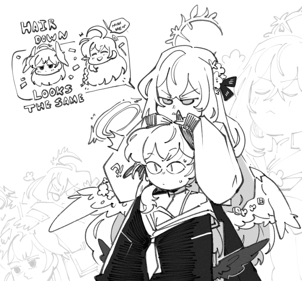 !? &lt;|&gt;_&lt;|&gt; 2girls azusa_(blue_archive) blue_archive closed_eyes closed_mouth english_text flower greyscale hair_between_eyes hair_flower hair_ornament halo hanako_(blue_archive) hands_on_another&#039;s_head head_wings kinzaibatsu91 koharu_(blue_archive) long_hair long_sleeves low_wings monochrome multiple_girls neckerchief shirt wings