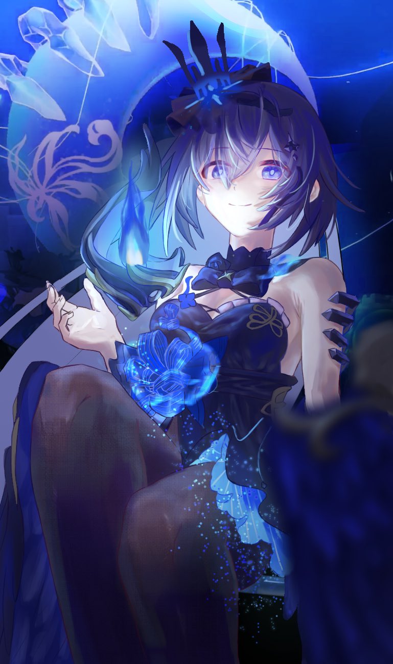 1girl bare_shoulders black_pantyhose blue_collar blue_dress blue_eyes blue_hair breasts cleavage closed_mouth collar colored_inner_hair commentary crescent_moon detached_collar dress duoyun_de_tiankong fire flower hair_between_eyes hair_ornament hashtag-only_commentary highres honkai_(series) honkai_impact_3rd long_hair moon multicolored_hair pantyhose seele_vollerei seele_vollerei_(eternal_night&#039;s_embrace) seele_vollerei_(herrscher_of_rebirth) sitting smile solo strapless strapless_dress very_long_hair