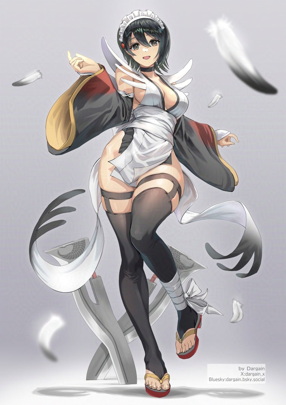 1girl bare_hips bare_shoulders black_eyes black_hair bluesky_username breasts cleavage curvy dargain_x detached_sleeves feathers full_body furisode_sleeves hair_between_eyes happy highres iroha_(samurai_spirits) japanese_clothes kimono leotard leotard_under_clothes maid maid_headdress medium_breasts open_mouth pelvic_curtain samurai_spirits sandals short_hair smile snk sword thick_thighs thighhighs thighs twitter_username wa_maid weapon wide_hips zouri