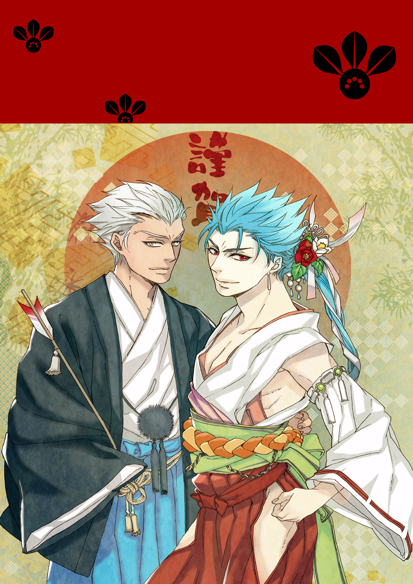 2boys archer_(fate) arrow_(projectile) blue_hair brown_eyes cu_chulainn_(fate) cu_chulainn_(fate/stay_night) detached_sleeves earrings fate/stay_night fate_(series) flower hair_flower hair_ornament hamaya japanese_clothes jewelry jun_(ash) kimono long_hair male_focus miko multiple_boys new_year ponytail red_eyes white_hair