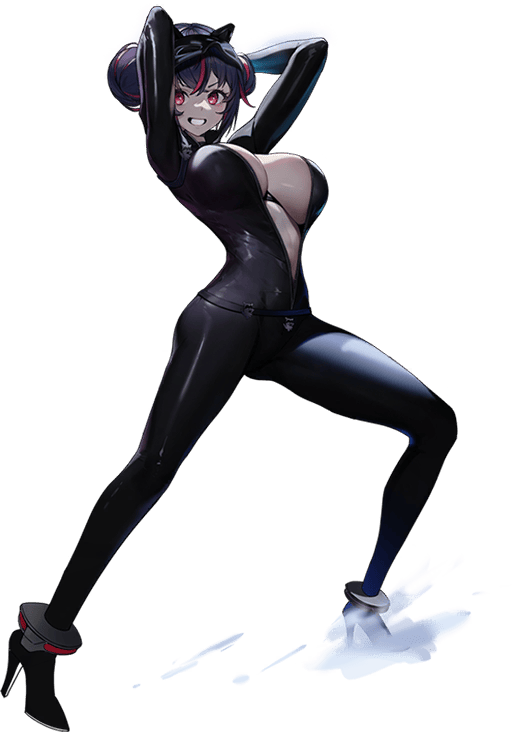 1girl arms_up black_bodysuit bodysuit breasts catsuit center_opening cleavage curvy domino_mask double-parted_bangs double_bun eye_mask full_body gloves goddess_of_victory:_nikke grin hair_between_eyes hair_bun high_heels large_breasts looking_at_viewer mask mask_on_head multicolored_hair naughty_face navel official_alternate_costume official_art open_bodysuit open_clothes outstretched_arms purple_hair quency_(escape_queen)_(nikke) quency_(nikke) red_eyes revealing_clothes shiny_clothes shiny_skin skin_tight smile solo stomach streaked_hair sweat thighs transparent_background two-tone_hair unzipped wide_hips