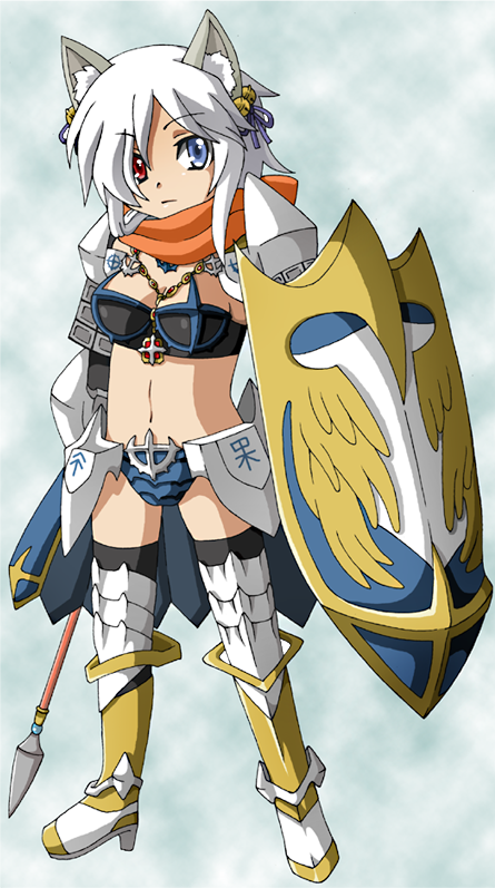 1girl animal_ear_fluff animal_ears armor armored_boots bell bikini_armor black_thighhighs boots breasts closed_mouth commentary_request cross cross_necklace cross_of_prontera expressionless fox_ears fox_girl full_body grey_background hair_bell hair_ornament hair_ribbon heterochromia high_heel_boots high_heels holding holding_polearm holding_shield holding_weapon jewelry jingle_bell looking_at_viewer medium_breasts monou0135 navel necklace orange_scarf pauldrons polearm purple_ribbon ragnarok_online ribbon royal_guard_(ragnarok_online) scarf shield short_hair shoulder_armor solo spear standing thighhighs weapon white_hair