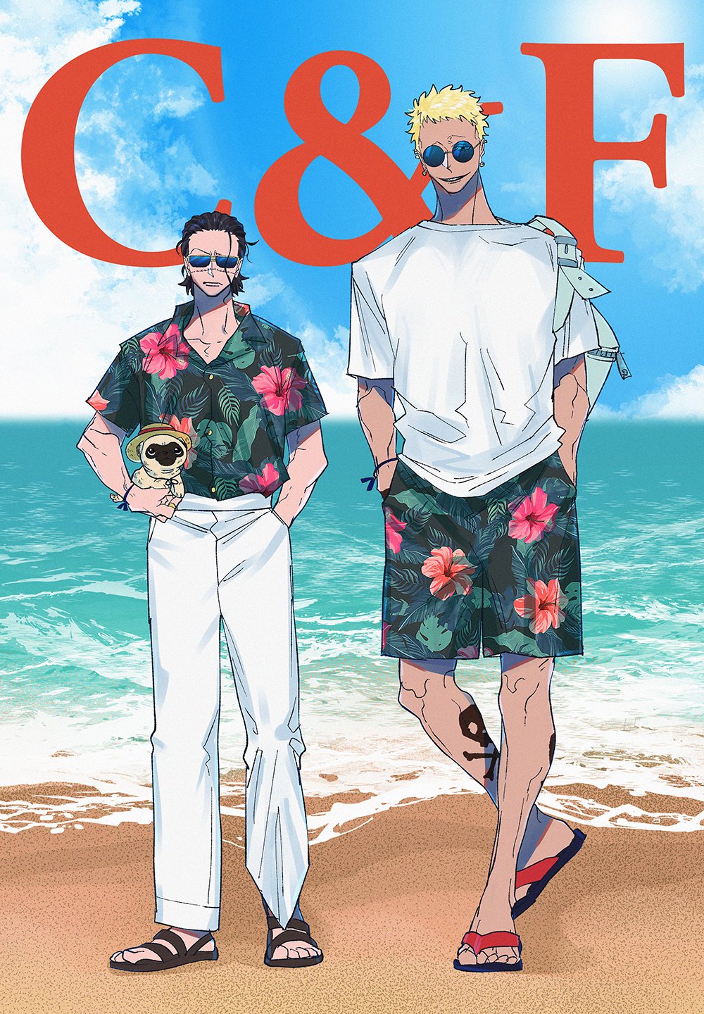 2boys animal bag beach black_hair blonde_hair crocodile_(one_piece) day dog donquixote_doflamingo english_text floral_print frown green_shirt green_shorts hand_in_pocket hands_in_pockets highres holding holding_animal leg_tattoo male_focus multiple_boys ocean one_piece outdoors pants pug sandals scar scar_on_face serizawa52 shirt short_hair shorts shoulder_bag skull_and_crossbones smile sunglasses tattoo white_pants white_shirt