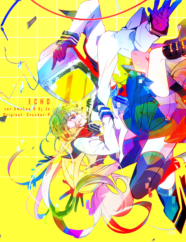 2girls asphyxiation bike_shorts bike_shorts_under_skirt black_boots black_gloves black_thighhighs blue_eyes blue_sailor_collar blue_skirt blue_sleeve_cuffs boots clenched_teeth commentary copyright_name echo_(vocaloid) english_commentary extra_arms face-to-face feet_out_of_frame gloves green_hair grid_background hands_on_another&#039;s_arms knee_boots legs_up long_hair long_sleeves looking_at_another lulu_season miniskirt multiple_girls object_head pleated_skirt pointing pointing_at_another primadonna_(echo) profile purple_gloves sailor_collar saturated school_uniform shirt simple_background skirt strangling teeth television thighhighs v-shaped_eyebrows very_long_hair vocaloid white_shirt yellow_background