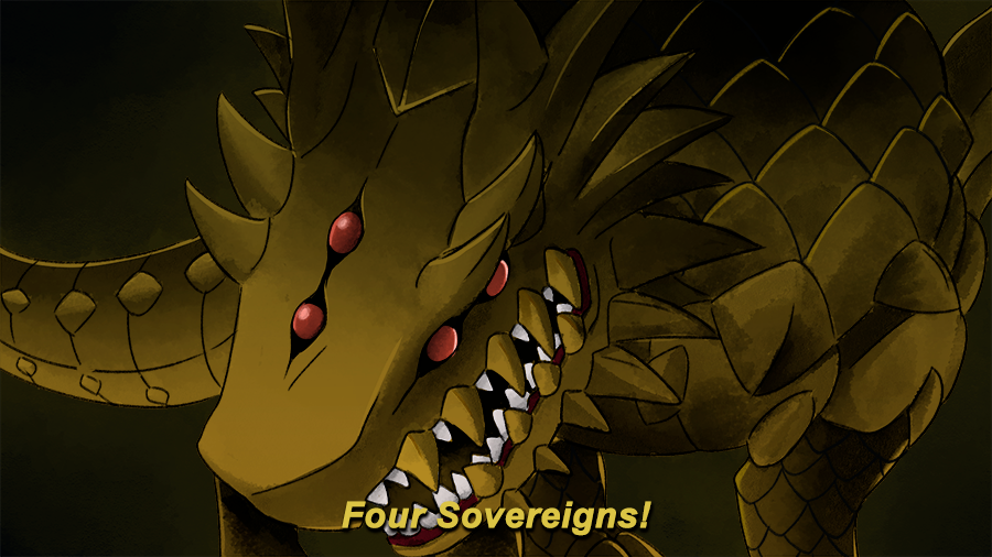 close-up colored_skin dark_background digimon digimon_(creature) digimon_card_game dragon english_text extra_eyes gold_skin huanglongmon looney_tunes no_humans parody raikodrose red_eyes sharp_teeth solo teeth yellow_skin