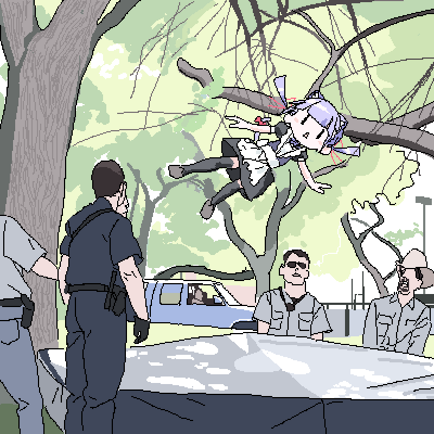 1girl 5boys animal_ears apron belt black_belt black_dress black_gloves black_hair black_pants black_shirt black_thighhighs blunt_bangs brown_footwear car cat_ears cat_tail cowboy_hat day dress faceless faceless_male falling gloves grey_pants grey_shirt hat lokulo-chan_(lokulo_no_mawashimono) lokulo_no_mawashimono long_hair looking_at_another low_twintails lowres maid maid_apron midair motor_vehicle multiple_boys oekaki original outdoors pants police police_uniform policeman puffy_short_sleeves puffy_sleeves purple_hair red_ribbon ribbon shirt shoes short_dress short_hair short_sleeves sunglasses tail thighhighs trampoline tree triangle_mouth twintails very_short_hair white_apron |_|