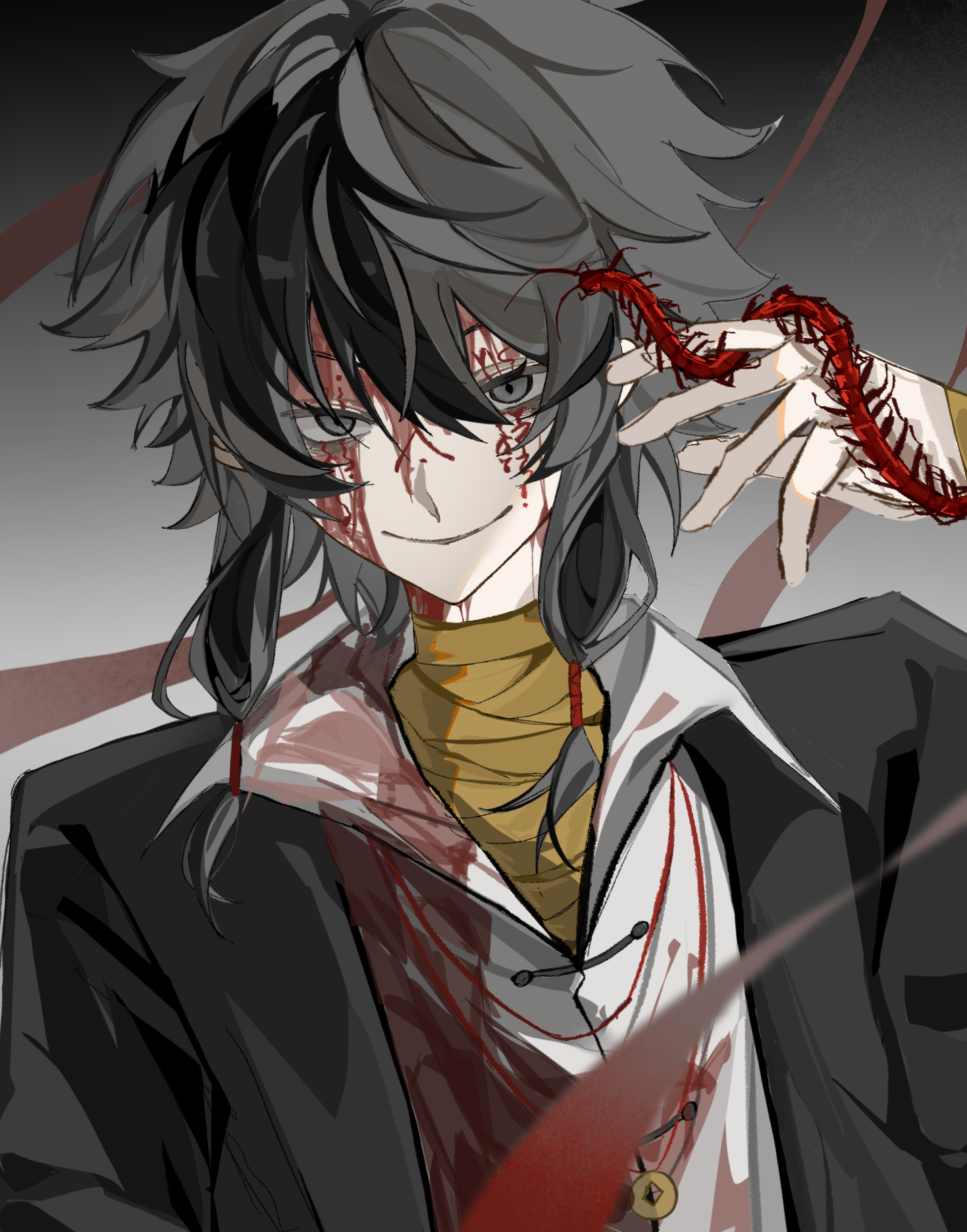 1boy bandaged_neck bandages black_hair black_jacket blood_from_forehead blood blood_on_clothes blood_on_face bug centipede chinese_commentary closed_mouth coin coin_on_string collared_shirt commentary_request facepaint highres holed_coin jacket male_focus ngshizaibide open_clothes open_jacket shirt short_hair_with_long_locks sidelocks smile solo touqi_guaitan upper_body variant_set white_shirt ziche_fuzhao