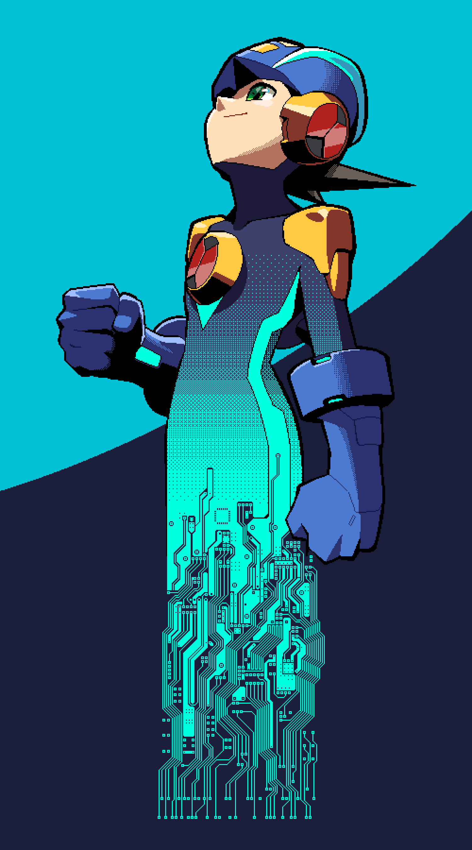 1boy absurdres armor black_hair blending blue_background blue_bodysuit blue_gloves blue_helmet bodysuit circuit clenched_hands gloves green_eyes helmet highres looking_up male_focus mega_man_(series) mega_man_battle_network_(series) megaman.exe netnavi pixel_art short_hair shoulder_armor smile solo spiked_hair suzuhara_kenji two-tone_background