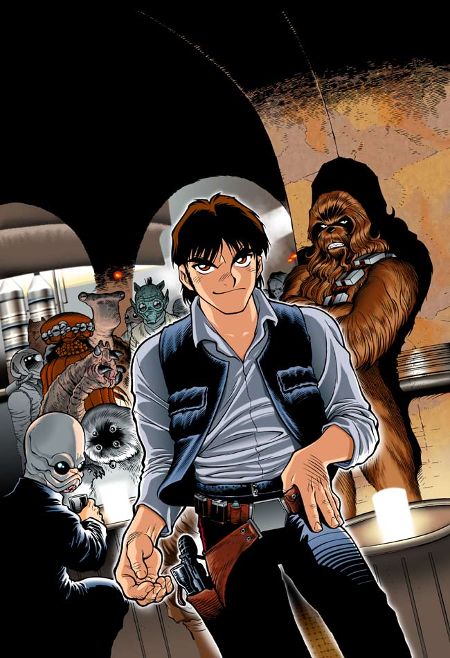 adam_warren animification bandolier bar_(place) belt blouse blue_shirt chewbacca collared_shirt greedo han_solo multiple_boys ponda_baba retro_artstyle science_fiction shirt star_wars star_wars:_a_new_hope star_wars_manga weapon wookiee