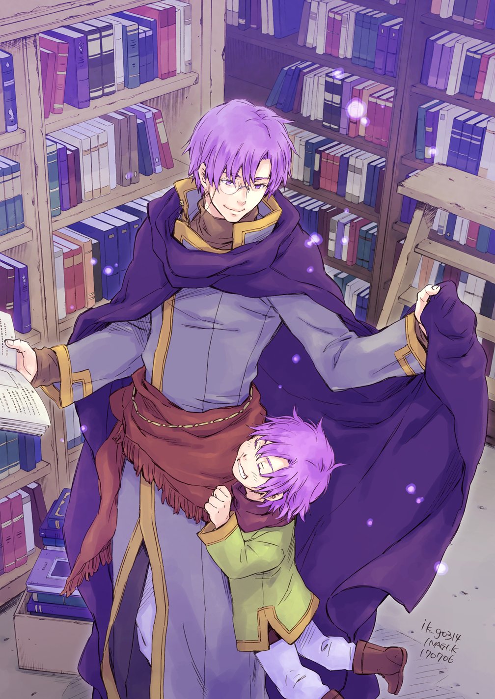 2boys book bookshelf canas_(fire_emblem) child cloak dated father_and_son fire_emblem fire_emblem:_the_binding_blade fire_emblem:_the_blazing_blade from_above glasses grin highres holding holding_book hugh_(fire_emblem) indoors library male_focus multiple_boys nintendo purple_hair scarf smile standing