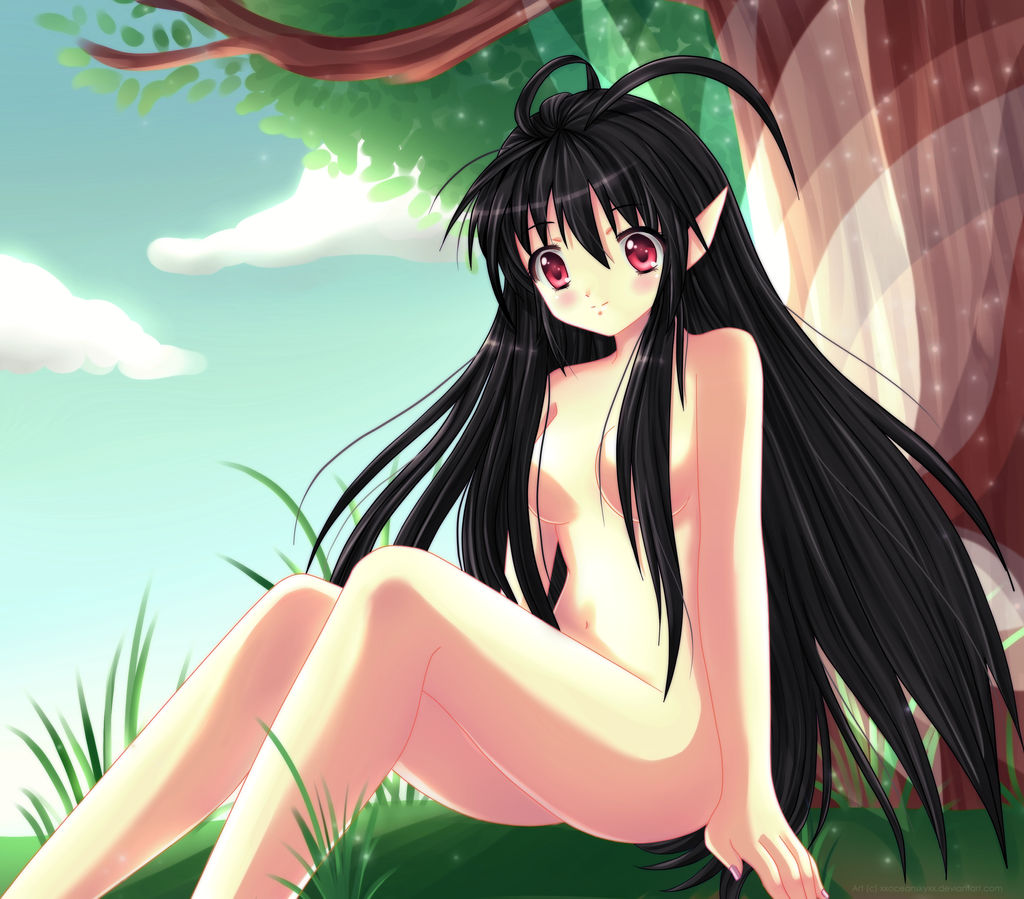 1girl black_hair breasts fairy felarya hair_censor long_hair nude pointy_ears red_eyes small_breasts soinee solo
