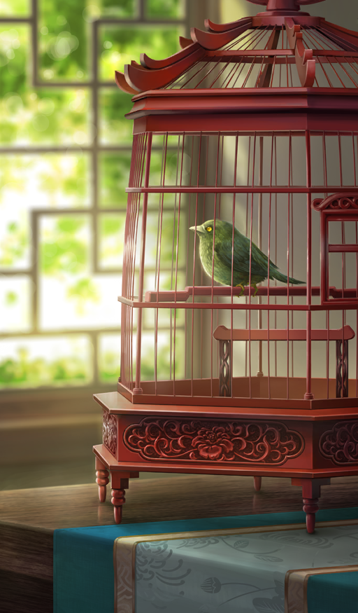 animal animal_focus architecture bird bird_request birdcage blurry blurry_background cage commentary east_asian_architecture fate/grand_order fate_(series) in_cage indoors lasengle no_humans official_art sunlight third-party_source window