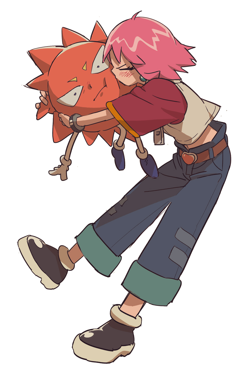 1boy 1girl beauty_(bobobo-bo_bo-bobo) belt blush bobobo-bo_bo-bobo bracelet brown_belt brown_footwear denim don_patch earrings eyelashes full_body gloves hetero highres hug jeans jewelry kiss maiko_(setllon) midriff_peek pants pink_hair raglan_sleeves short_hair short_sleeves white_gloves