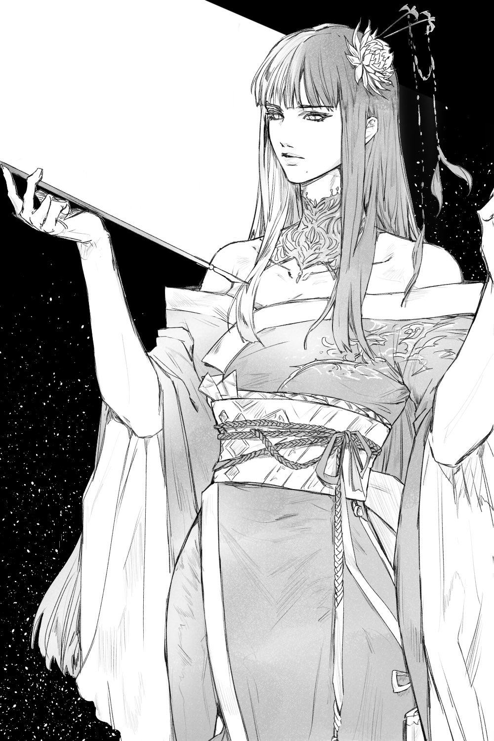 1girl bare_shoulders bat_hair_ornament black_background blunt_bangs blunt_ends collar collarbone cowboy_shot expressionless final_fantasy final_fantasy_xiv flower from_side greyscale hair_flower hair_ornament hair_stick hands_up highres holding holding_smoking_pipe hyur japanese_clothes kimono kiseru lace_collar long_hair mole mole_under_mouth monochrome obi obiage obijime off_shoulder ps_(postscript) sash simple_background smoking_pipe solo standing straight_hair tassel yotsuyu_goe_brutus