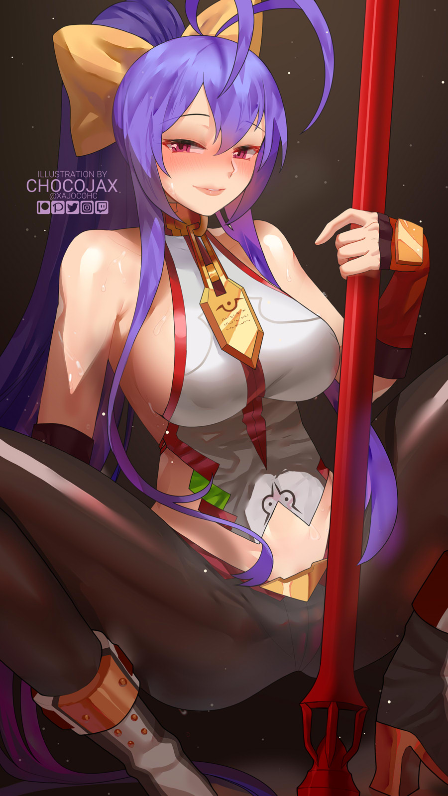 1girl artist_name backless_outfit bare_shoulders between_legs between_thighs black_boots black_pants blazblue blazblue:_central_fiction blazblue_variable_heart blue_hair blush boots bow breasts chocojax cleavage gloves groin hair_between_eyes hair_bow half-closed_eyes halterneck high_heel_boots high_heels highres holding holding_weapon large_breasts long_hair looking_at_viewer lowleg lowleg_pants mai_natsume midriff navel no_bra no_panties outseal pants polearm ponytail purple_eyes red_eyes revealing_clothes ribbon seductive_smile sideboob sidelocks skindentation smile solo spear spread_legs squatting sweat sweatdrop thighs twitter_username very_long_hair weapon yellow_bow