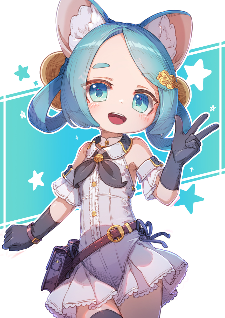 1girl :d animal_ear_fluff animal_ears bare_shoulders belt belt_buckle black_gloves black_neckerchief black_thighhighs blue_eyes blue_hair brown_belt buckle center_frills collared_leotard cowboy_shot detached_sleeves flat_chest frills gloves hair_ornament hair_rings hairclip highres ikpde leotard looking_at_viewer neckerchief open_mouth original outline parted_bangs short_sleeves skirt smile solo teeth thighhighs upper_teeth_only w white_leotard white_outline white_skirt white_sleeves