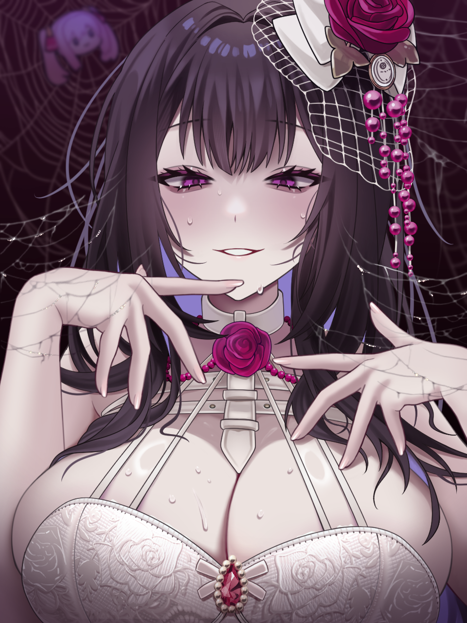 1girl bare_shoulders blush breasts choker cleavage flower goddess_of_victory:_nikke hair_ornament highres huazhimaru0 large_breasts long_hair looking_at_viewer mihara_(bonding_chain)_(nikke) mihara_(bonding_chain)_(pain_eater)_(nikke) mihara_(nikke) official_alternate_costume purple_eyes rose silk smile spider_web yuni_(nikke)