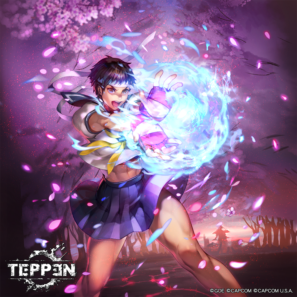 1girl abs asian bandana breasts brown_hair capcom cherry_blossoms energy energy_ball fingerless_gloves forest gloves hadouken kasugano_sakura medium_breasts midriff muscular muscular_arms muscular_female muscular_legs nature official_art open_mouth school_uniform short_hair skirt street_fighter street_fighter_alpha teeth temoshi teppen thick_thighs thighs tongue tree