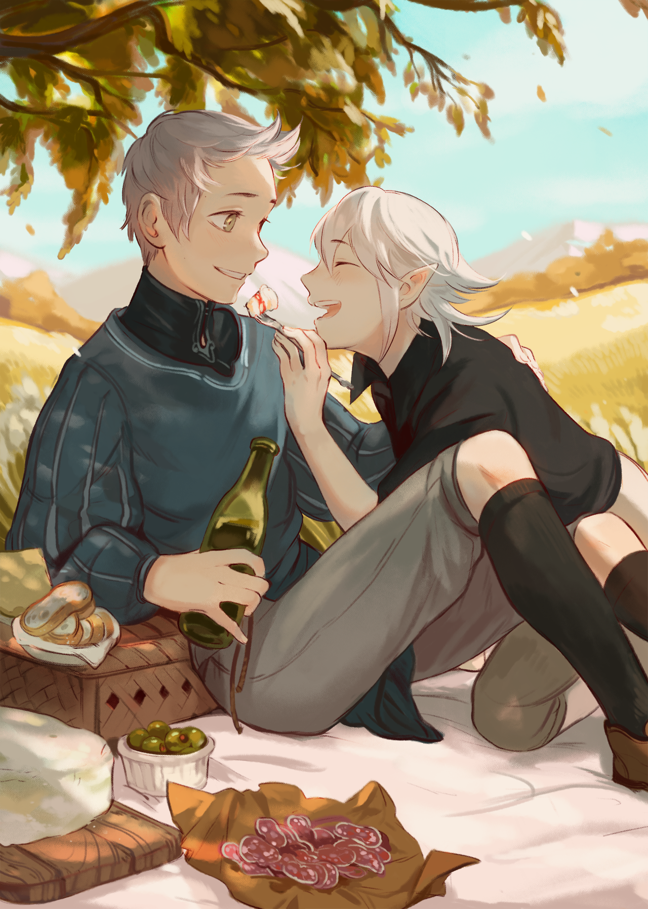 2boys black_shirt black_socks blue_sweater blurry blurry_background blush bread brown_eyes closed_eyes collared_shirt corrin_(fire_emblem) fire_emblem fire_emblem_fates food fork glass_bottle hazel_eyes highres holding holding_fork male_focus mountain multiple_boys nature nintendo non-web_source open_mouth picnic picnic_basket shirt shorts silas_(fire_emblem) sky smile socks sweater tree white_hair