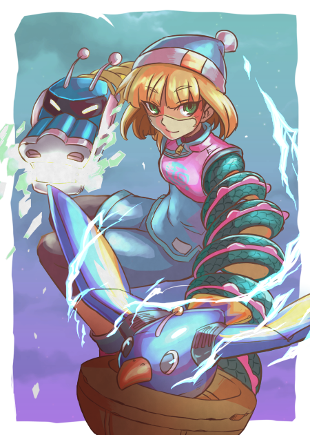 1girl arms_(game) beanie bike_shorts blonde_hair chinese_clothes domino_mask dragon dragon_(arms) facepaint food green_eyes hat hitohito leggings leggings_under_shorts looking_at_viewer mask min_min_(arms) nintendo noodles pantyhose short_hair shorts smile solo thunderbird_(arms)