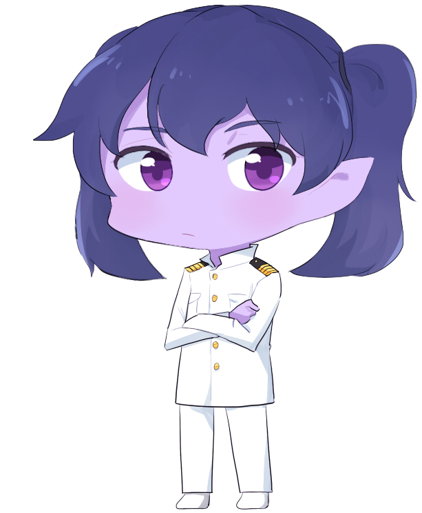 1girl administrator_(crossover_nexus) chibi colored_skin crossed_arms crossover_nexus_project crossover_nexus_series gyaheung isekai_monogatari_series military military_rank_insignia military_uniform naval_uniform non-web_source purple_eyes purple_hair purple_skin twintails