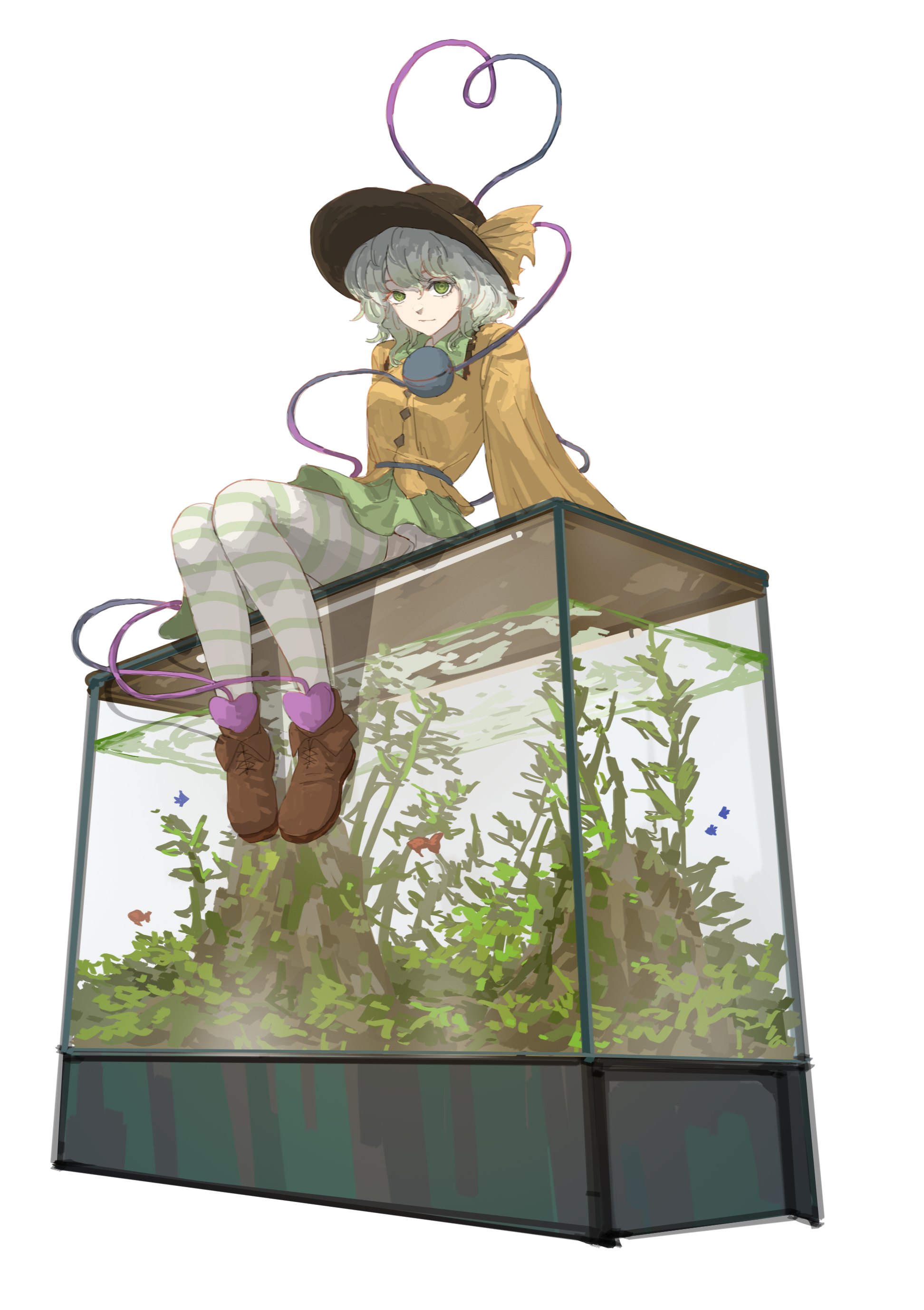 1010kman 1girl absurdres black_hat bow brown_footwear closed_eyes closed_mouth collar fish fish_tank frilled_collar frills green_eyes green_hair green_skirt green_stripes hat hat_ribbon heart heart_of_string highres komeiji_koishi long_sleeves looking_at_viewer ribbon shirt short_hair simple_background sitting skirt solo striped_clothes striped_thighhighs thighhighs third_eye touhou water white_background wide_sleeves yellow_ribbon yellow_shirt