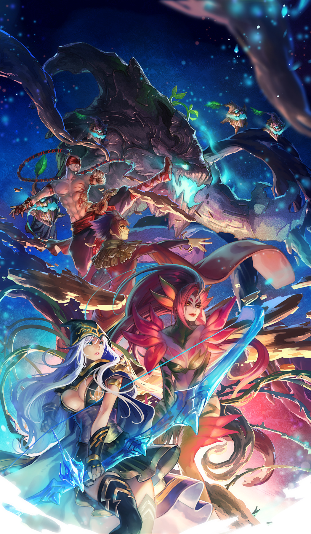 2boys 3girls armband armlet arrow_(projectile) ashe_(league_of_legends) bandaged_hand bandaged_leg bandages black_gloves black_hair blindfold blue_eyes bow_(weapon) bracelet breasts brown_hair cape cleavage clenched_hand facial_hair fingerless_gloves flower gloves glowing glowing_eyes glowing_mouth highres holding holding_arrow holding_bow_(weapon) holding_weapon hood hood_up ice jewelry kicking league_of_legends lee_sin lens_flare lipstick long_hair makeup maokai moss multiple_boys multiple_girls muscular open_mouth parted_lips pink_hair pink_lips plant ponytail red_eyes red_lips rock sapling short_hair skirt smile smoke taliyah tamtam_ex tattoo thighhighs thorns topless_male transparent vines weapon white_hair yellow_eyes zyra