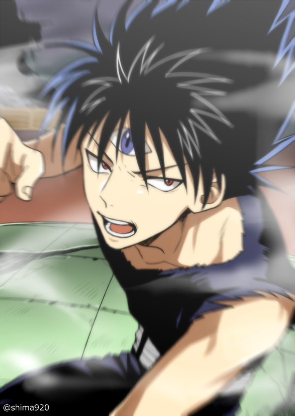 1boy belt black_hair black_pants black_shirt commentary_request fighting_stance hiei looking_at_viewer male_focus mashima_shima open_mouth pants red_eyes shirt smoke solo spiked_hair standing third_eye tile_floor tiles twitter_username yuu_yuu_hakusho