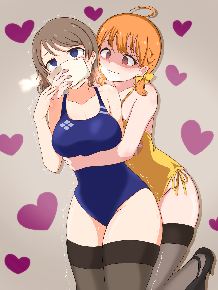 2girls breasts catfight chloroform commission competition_swimsuit curvy highres love_live! love_live!_sunshine!! medium_breasts milliani multiple_girls one-piece_swimsuit pixiv_commission swimsuit tagme takami_chika thick_thighs thighs watanabe_you wrestling