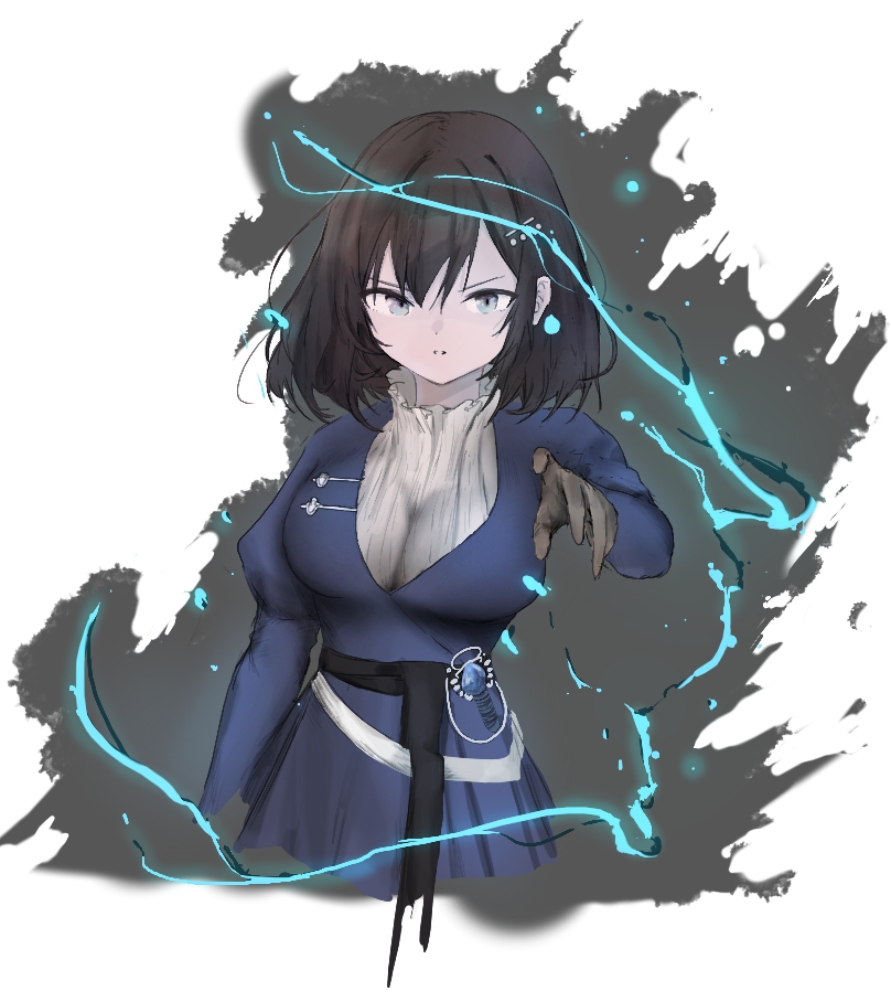 1girl black_gloves black_hair blue_dress blue_eyes breasts brown_dust_(series) brown_dust_2 cropped_torso dress earrings elmaflame eyebrows_hidden_by_hair gloves hair_between_eyes hair_ornament hairclip hydrokinesis jewelry juliet_sleeves large_breasts long_sleeves looking_at_viewer open_mouth outstretched_hand puffy_sleeves sash scheherazade_(brown_dust) scheherazade_(the_lapis_witch)_(brown_dust) short_hair simple_background solo sweater water white_sweater