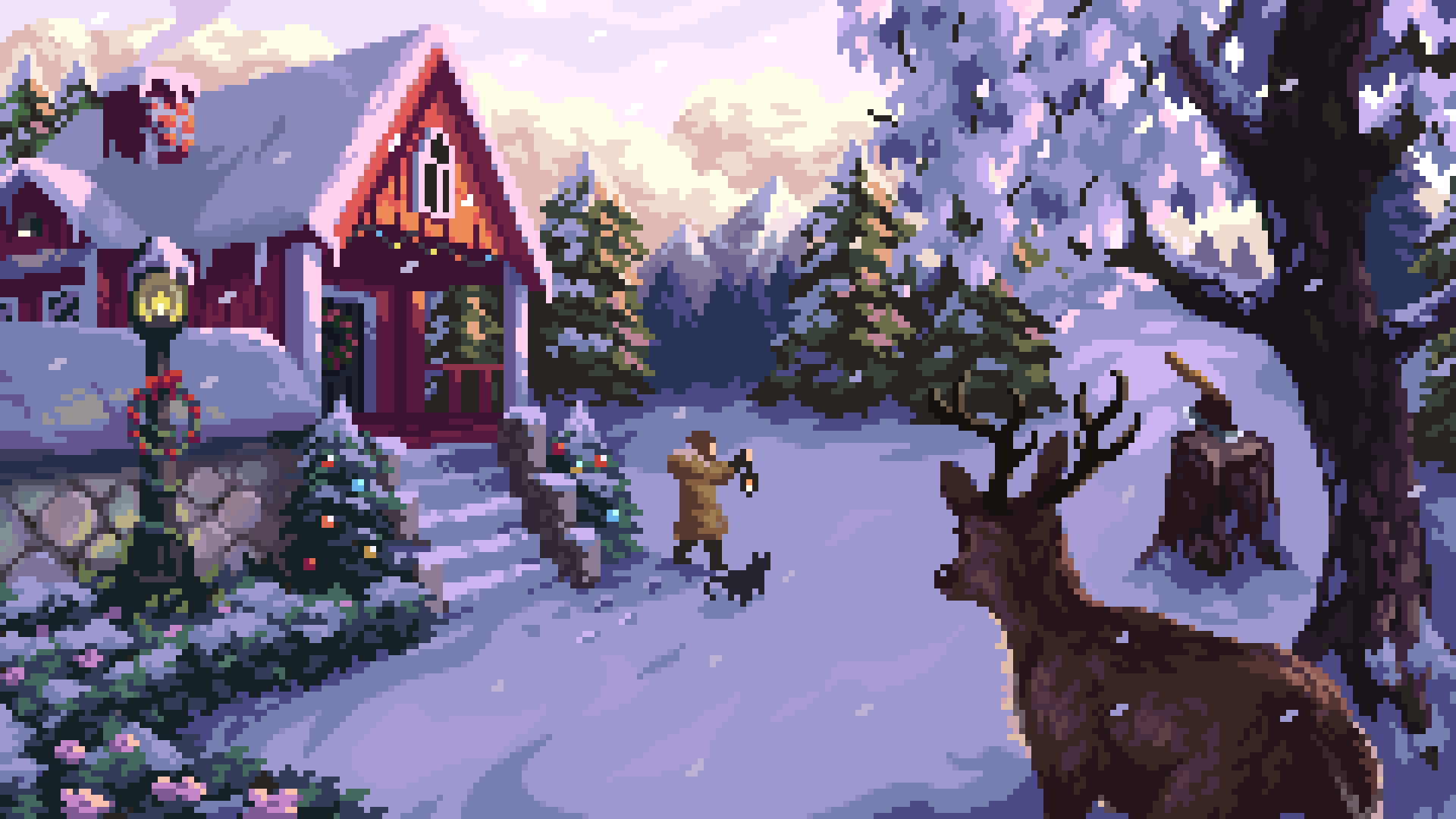 1other animal chimney christmas christmas_tree day deer flower highres house mountain original outdoors pine_tree pink_flower pixel_art scenery scilex snow tree window