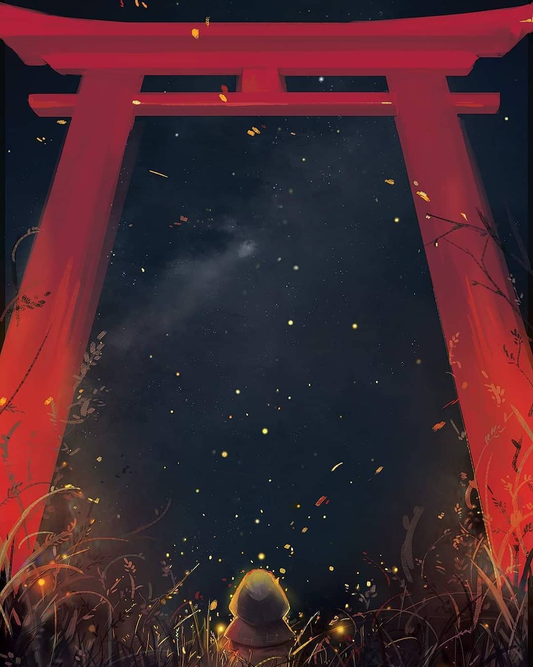 1girl back bad_source child commentary commentary_request english_commentary fireflies from_below gokupo101 grass highres hood hotaru_no_haka night night_sky outdoors plant scenery setsuko_(hotaru_no_haka) sky solo studio_ghibli temple_gate torii