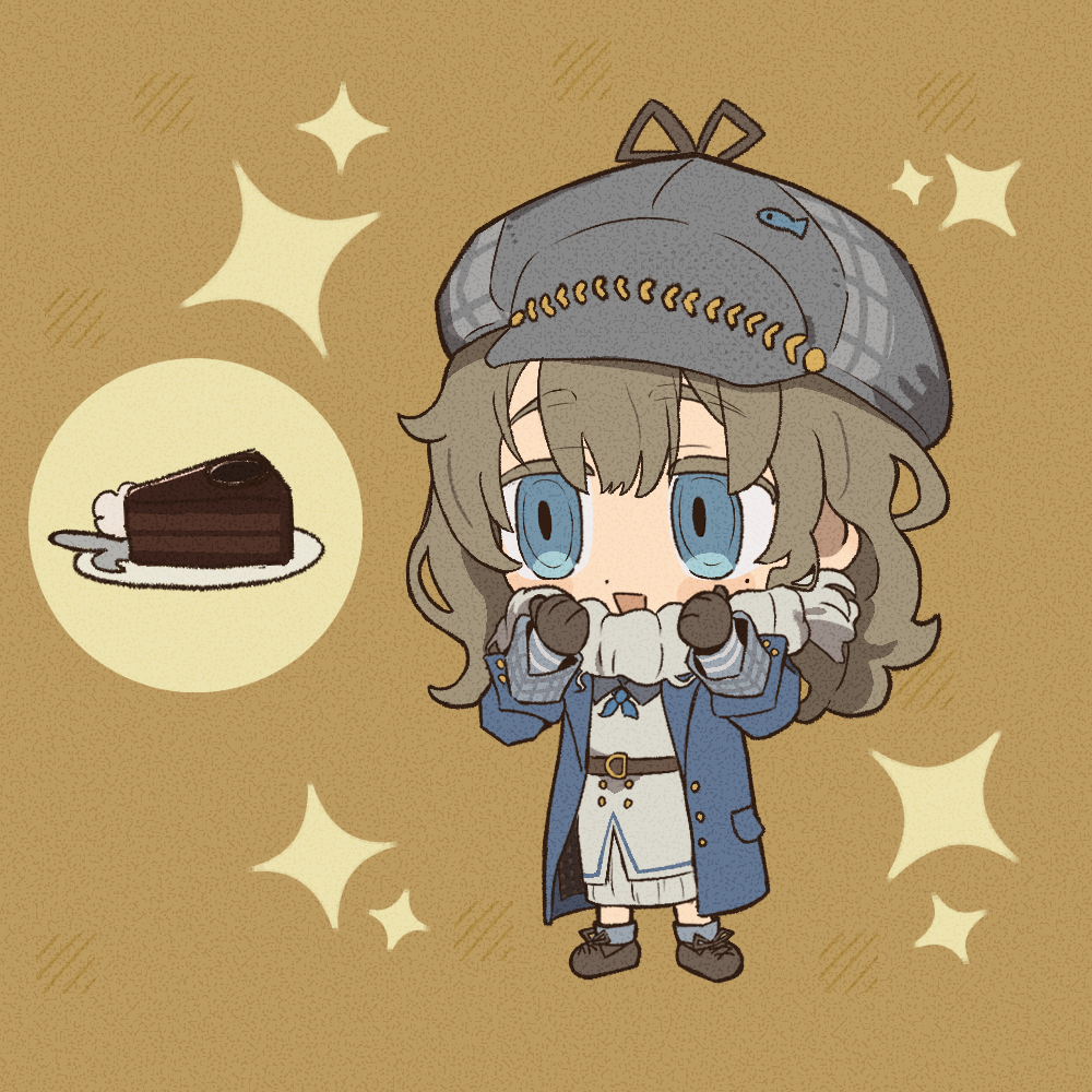 1girl :d belt blue_coat blue_eyes brown_belt brown_footwear brown_gloves brown_hair newsboy_cap cake cake_slice chibi chocolate_cake coat dress fish_hat_ornament food full_body gloves grey_hat hand_up hat long_dress long_hair long_sleeves looking_at_food looking_to_the_side marcus_(reverse:1999) mole mole_under_eye open_mouth reverse:1999 sachertorte_(food) scarf smile solo sparkle standing thiepriest white_dress white_scarf yellow_background