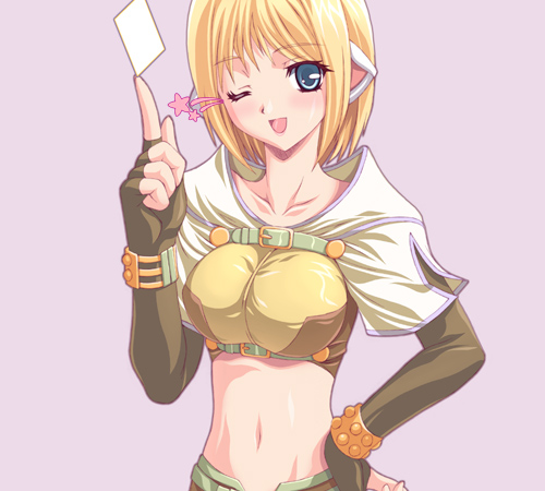 1girl blonde_hair blue_eyes breasts female_focus hunter hunter_(ragnarok_online) large_breasts lowres medium_breasts one_eye_closed ragnarok_online solo wink