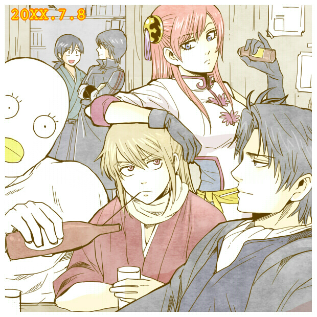 1girl 3mm 4boys black_hair blue_eyes bun_cover elizabeth_(gintama) gintama hijikata_toushirou kagura_(gintama) long_hair multiple_boys okita_sougo ponytail red_eyes red_hair shimura_shinpachi short_hair yamazaki_sagaru
