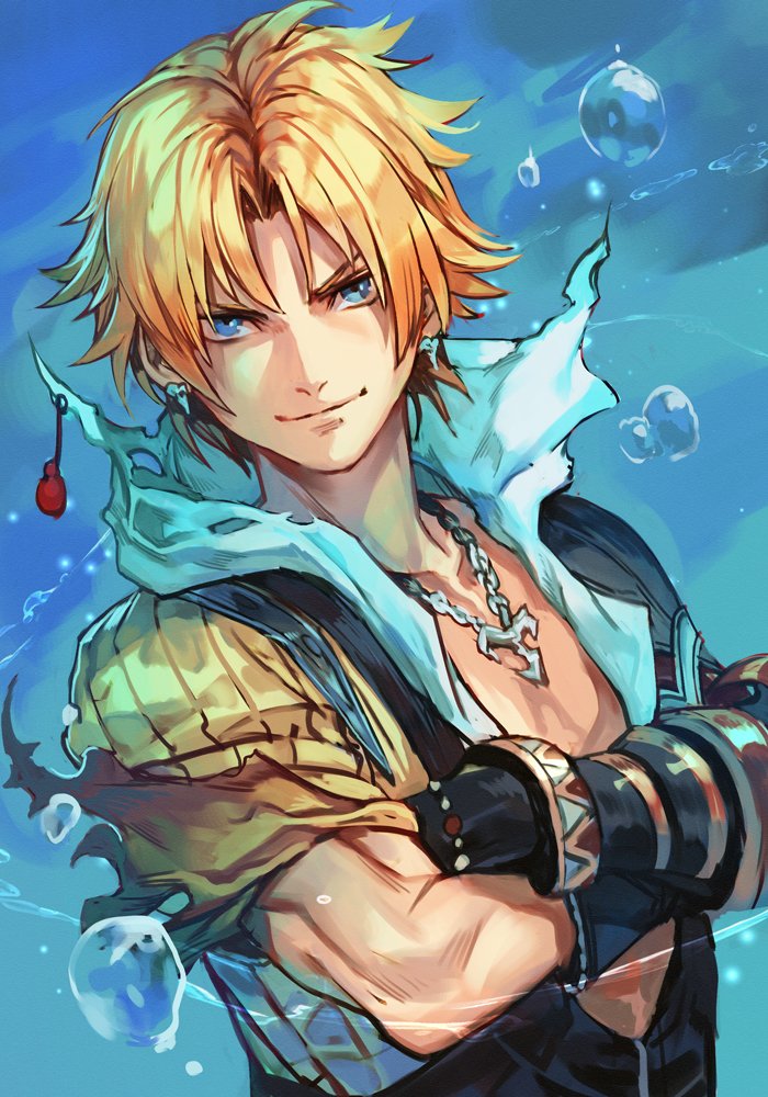 1boy bare_pectorals blonde_hair blue_eyes chain chain_necklace closed_mouth collarbone earrings final_fantasy final_fantasy_x gloves hood hood_down hungry_clicker jewelry looking_at_viewer male_focus necklace parted_bangs pectorals simple_background smile solo square_enix tidus upper_body