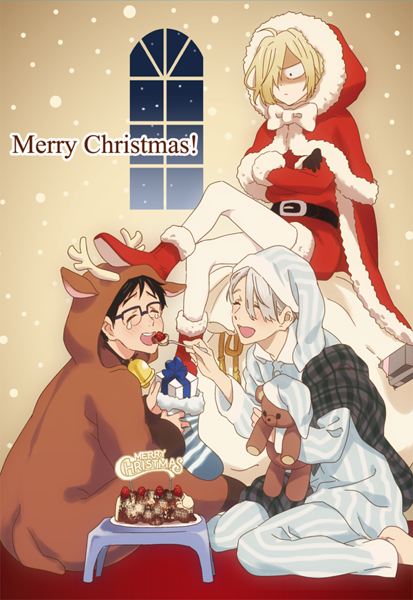 3boys ^_^ animal_costume bell black_gloves black_hair blonde_hair blue-framed_eyewear bow cake christmas christmas_stocking closed_eyes crossed_arms closed_eyes feeding food fork fruit gift glasses gloves hair_over_one_eye hat hood katsuki_yuuri pantyhose_under_shorts male_focus merry_christmas multiple_boys nightcap open_mouth pajamas pantyhose reindeer_costume sack santa_costume shaded_face shorts silver_hair sitting smile strawberry stuffed_animal stuffed_toy tears teddy_bear viktor_nikiforov white_legwear yuri!!!_on_ice yuri_plisetsky zooya