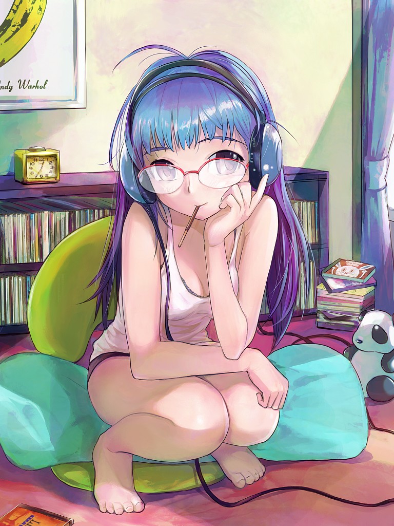 1girl andy_warhol banana barefoot blue_hair brown_eyes camisole cd female_focus food fruit glasses headphones mekarauroko mouth_hold original panda pocky purple_hair solo squatting stuffed_animal stuffed_toy teddy_bear velvet_underground