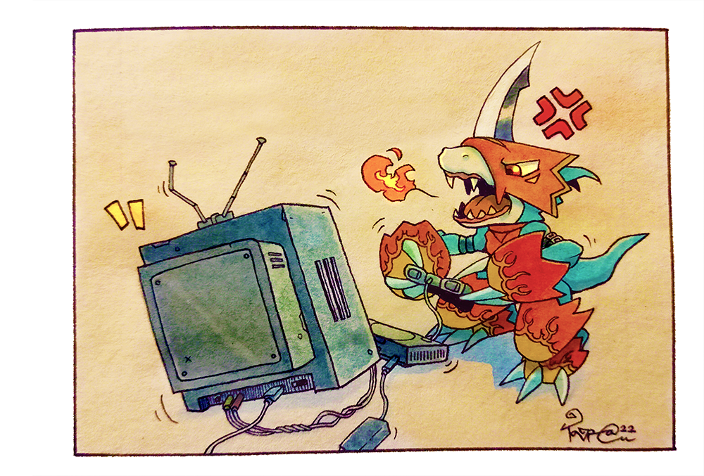 anger_vein angry arm_belt armor belt black_belt blue_skin blue_tail breath_weapon breathing_fire chibi clawed_gauntlets colored_skin controller crt digimon digimon_(creature) dualshock fake_horns fangs fire fladramon flame_print game_console game_controller gamepad helmet holding holding_controller holding_game_controller horned_helmet horns motion_lines multicolored_skin multiple_belts open_mouth playstation_1 playstation_controller red_armor red_eyes red_helmet sharp_teeth single_horn solo taragraphika teeth television two-tone_skin v-shaped_eyes white_skin