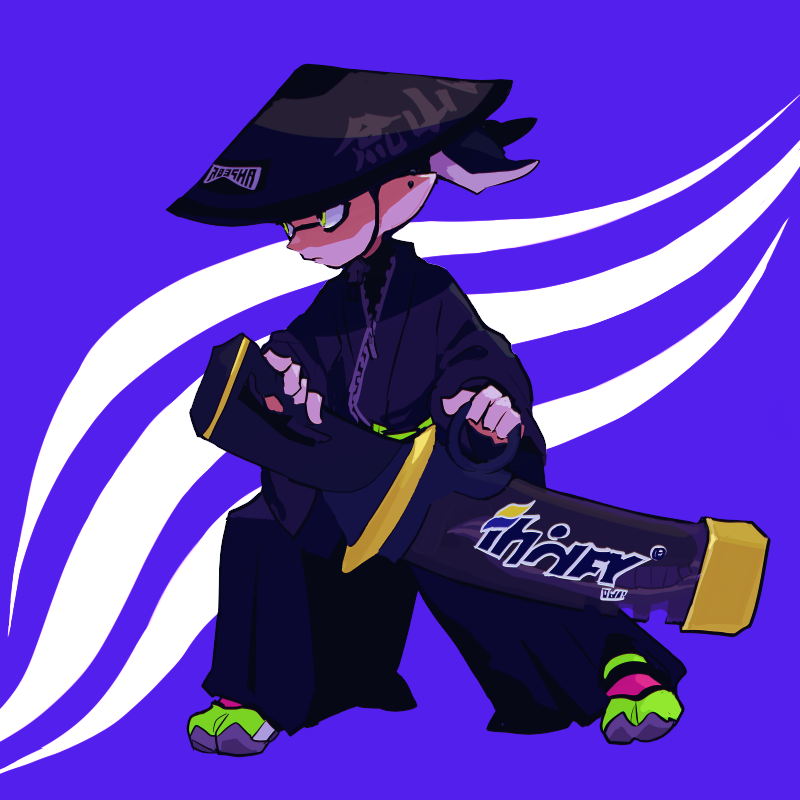 1boy black_hakama black_haori black_hat closed_mouth commentary decavitator_(splatoon) full_body green_eyes hakama haori hat holding holding_sword holding_weapon imaikuy0 inkling inkling_(language) inkling_boy inkling_player_character japanese_clothes looking_ahead male_focus nintendo print_headwear purple_background rice_hat shoes simple_background solo splatoon_(series) splatoon_3 sword two-tone_background weapon white_background