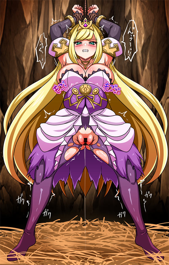 1girl armpits bar_censor blonde_hair blush breasts cave censored chelle_(dragalia_lost) clenched_teeth collarbone crown detached_sleeves dragalia_lost green_eyes hay large_breasts long_hair pantyhose pregnant pussy pussy_juice restrained rope skirt teeth torn_clothes torn_pantyhose yagami_(mukage)