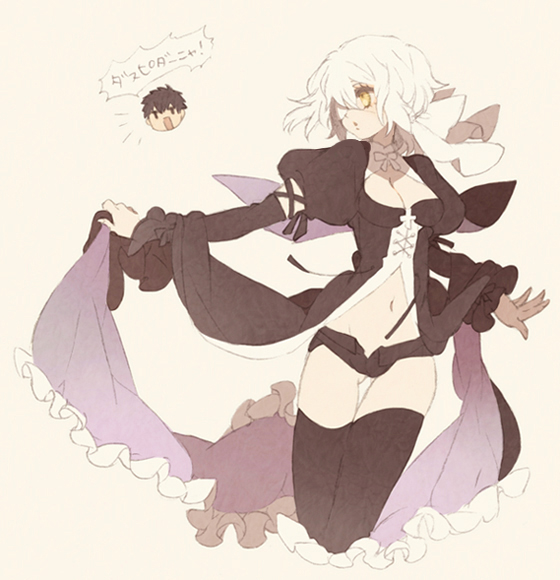 1girl bow breasts chibi chibi_inset claudia_hortensia cleavage detached_sleeves dress eyepatch fate/zero fate_(series) guilty hair_bow kotomine_kirei puffy_sleeves short_hair short_shorts shorts thighhighs translation_request tsumi_guilty wavy_hair white_hair yellow_eyes