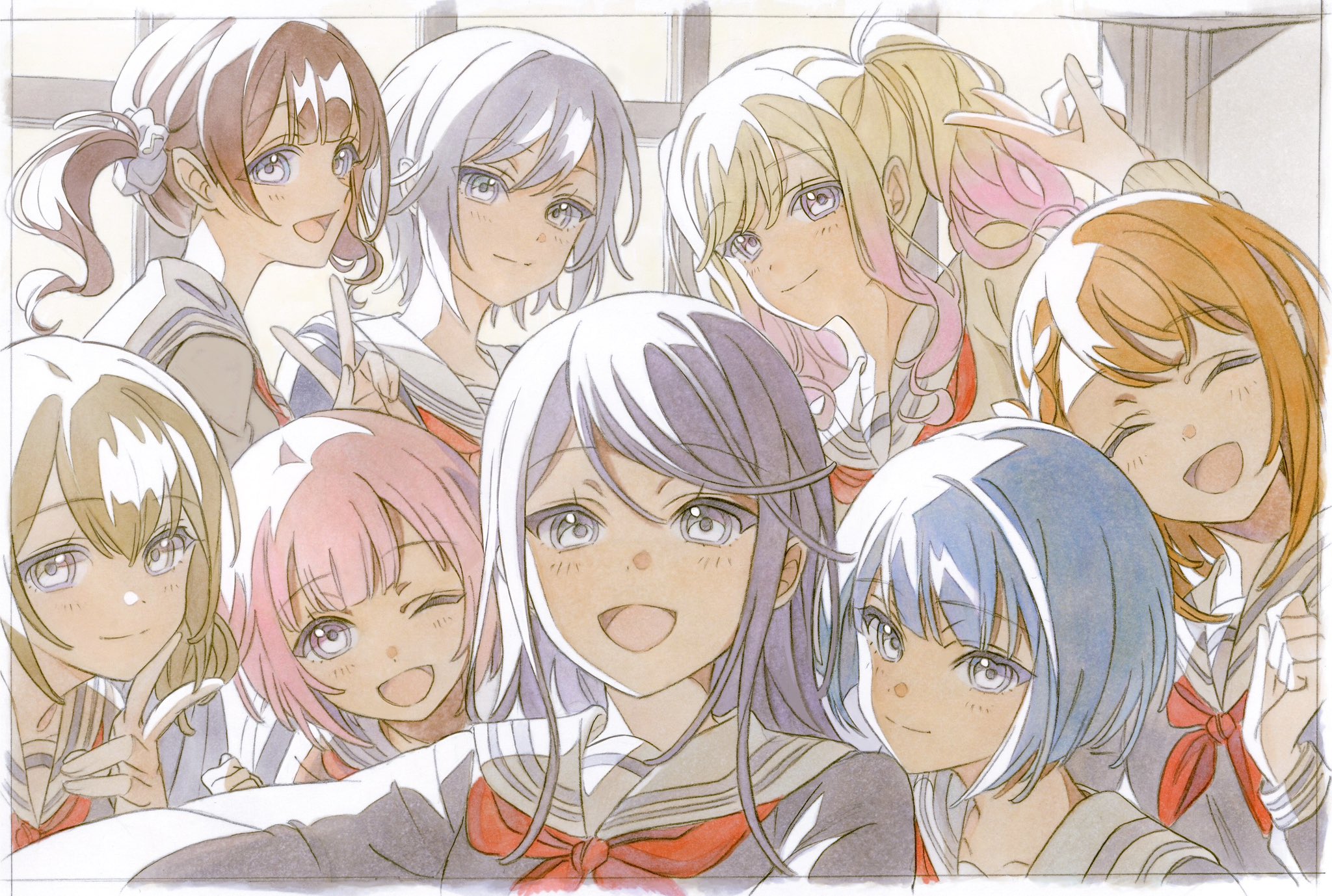 6+girls azusawa_kohane blonde_hair blue_eyes blue_hair blunt_bangs blush border brown_hair cardigan collarbone commentary gradient_hair grey_eyes grey_hair grey_shirt hanasato_minori highres hinomori_shiho hoshino_ichika_(project_sekai) kiritani_haruka leo/need_(project_sekai) long_hair medium_hair miyamasuzaka_girls&#039;_academy_school_uniform mochizuki_honami multicolored_hair multiple_girls neckerchief one_eye_closed ootori_emu open_mouth orange_hair pato_(ptro) pink_hair project_sekai red_neckerchief sailor_collar school_uniform shirt short_hair side_ponytail sidelocks smile swept_bangs tenma_saki twintails v white_border white_sailor_collar yellow_cardigan