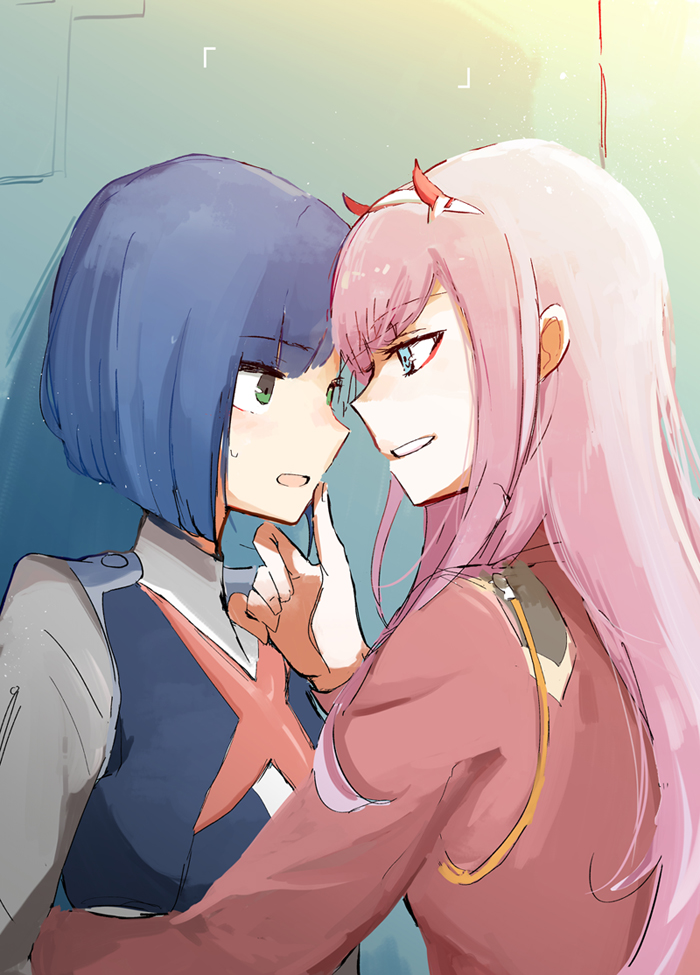2girls against_wall aiguillette arm_around_waist blue_dress blue_eyes blue_hair blunt_bangs breasts commentary darling_in_the_franxx dress eye_contact eyelashes eyeliner face-to-face facing_another green_eyes grey_dress hair_over_shoulder hairband hand_on_another&#039;s_chin heads_together high_collar horns ichigo_(darling_in_the_franxx) jacket koutamizukami light_blush long_hair long_sleeves looking_at_another makeup military_uniform multiple_girls parted_lips pink_hair red_eyeliner red_horns red_jacket shadow short_hair small_breasts smile sweatdrop upper_body very_long_hair white_hairband yuri zero_two_(darling_in_the_franxx)