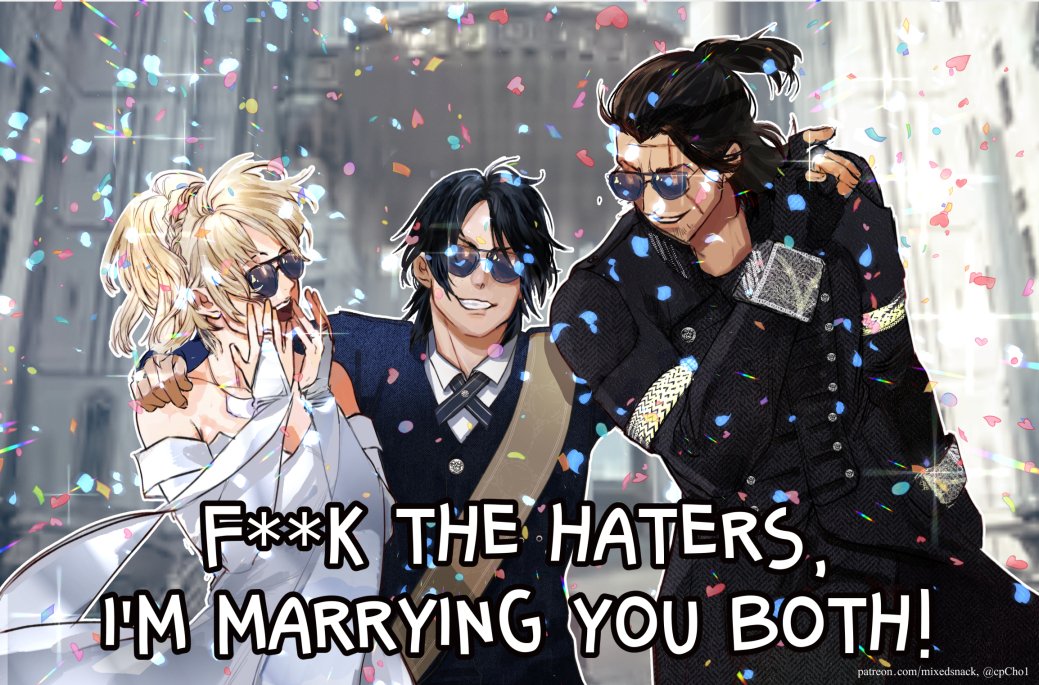 1girl 2boys arm_around_shoulder bare_shoulders black_gloves black_jacket blonde_hair braid bridal_gauntlets church collared_shirt commentary confetti cpcho1 cross_tie crown_braid detached_sleeves dress english_commentary final_fantasy final_fantasy_xv fingerless_gloves gladiolus_amicitia gloves grin group_sex hand_to_own_mouth husband_and_husband husband_and_wife jacket lunafreya_nox_fleuret mmf_threesome multiple_boys noctis_lucis_caelum open_mouth parted_bangs patreon_username ponytail sash scar scar_across_eye scar_on_face scar_on_forehead shirt short_hair smile sparkle sunglasses teeth threesome updo upper_body wedding_dress white_dress white_shirt white_sleeves wide_sleeves