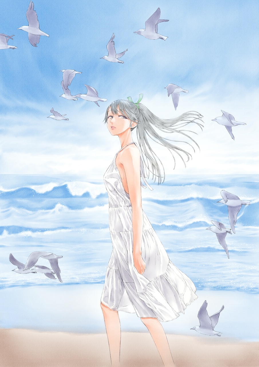 1girl alternate_costume beach bird black_hair blue_eyes blue_sky cloud commentary_request day dress feet_out_of_frame highres horizon houshou_(kancolle) kantai_collection long_hair looking_at_viewer ocean outdoors seagull sky solo sundress walking waves white_dress yuichi_(sp_sakura_yoshi)