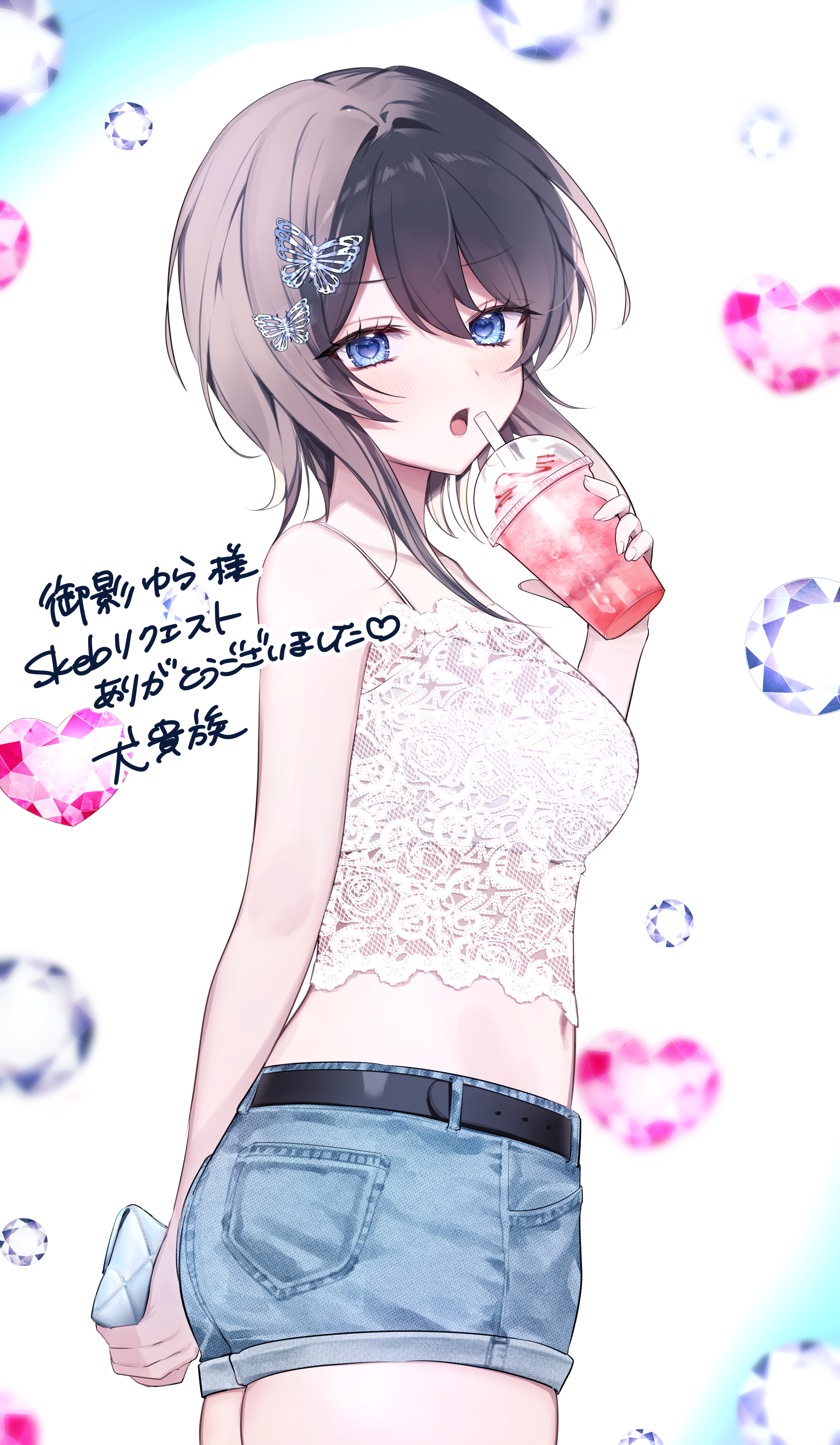 1girl absurdres arm_behind_back bare_shoulders belt black_belt blue_eyes blush breasts brown_hair butterfly_hair_ornament commentary_request commission cowboy_shot cup denim denim_shorts from_side hair_intakes hair_ornament hairpin hand_up heart heart-shaped_pupils highres holding holding_cup holding_wallet indie_virtual_youtuber kumo_tabetai lace_shirt looking_at_viewer medium_breasts medium_hair mikage_yura multiple_hairpins navel open_mouth shorts skeb_commission solo standing symbol-shaped_pupils tank_top thighs translation_request virtual_youtuber wallet white_tank_top