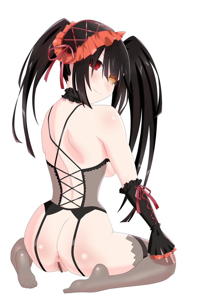 1girl anus ass bar_censor bare_shoulders black_hair blush breasts censored clock_eyes date_a_live feet from_behind functionally_nude garter_belt hairband heterochromia lingerie lolita_hairband long_hair looking_at_viewer looking_back pussy rayos red_eyes sideboob simple_background sitting smile solo symbol-shaped_pupils thighhighs tokisaki_kurumi twintails underwear wariza white_background